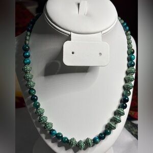 Hand crafted green patina and blue green tiger eye necklace  20 inches